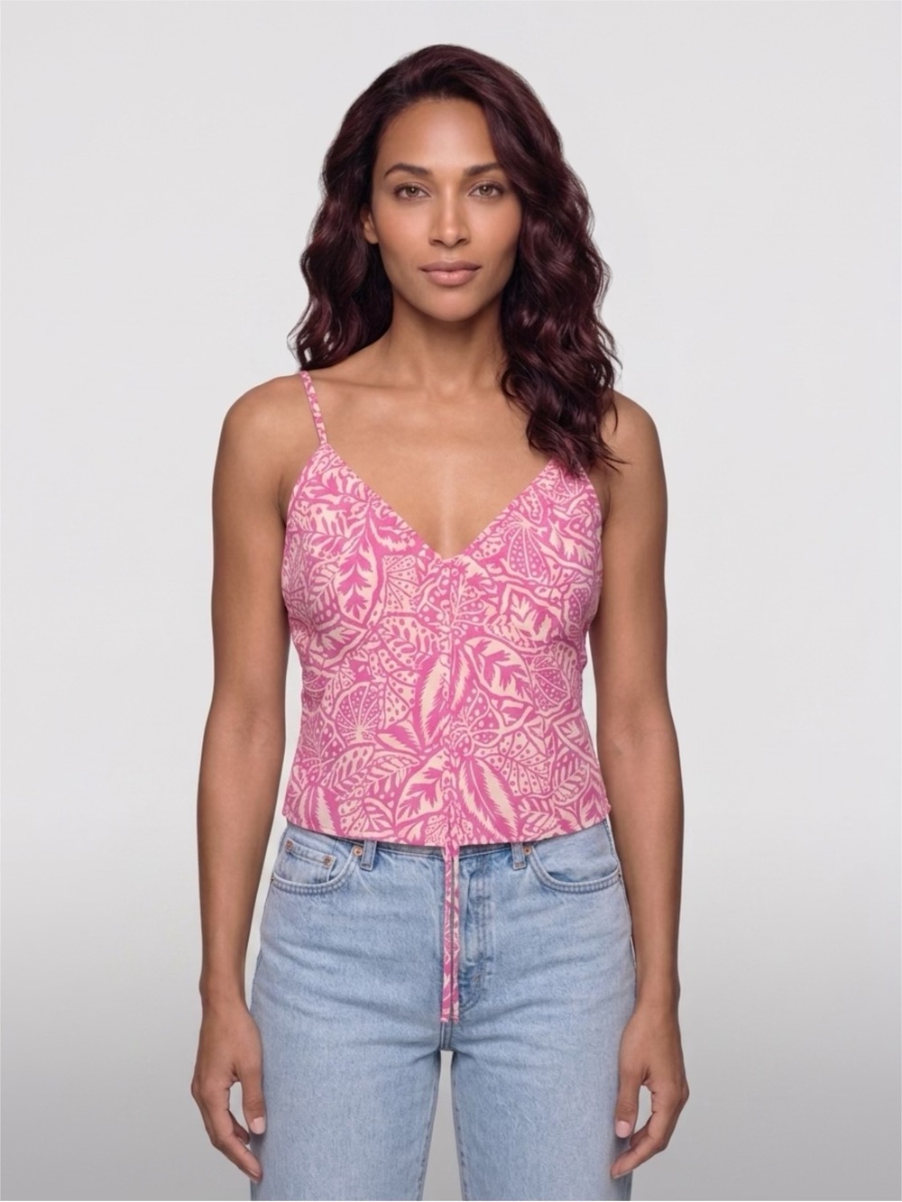 Sienna Sky Pink Tropical Leaf Cami Tank Top M Cinch Tie Boho Y2K Festival EUC